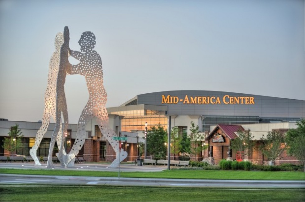 Large sculpture art shines outside the Mid-America Center