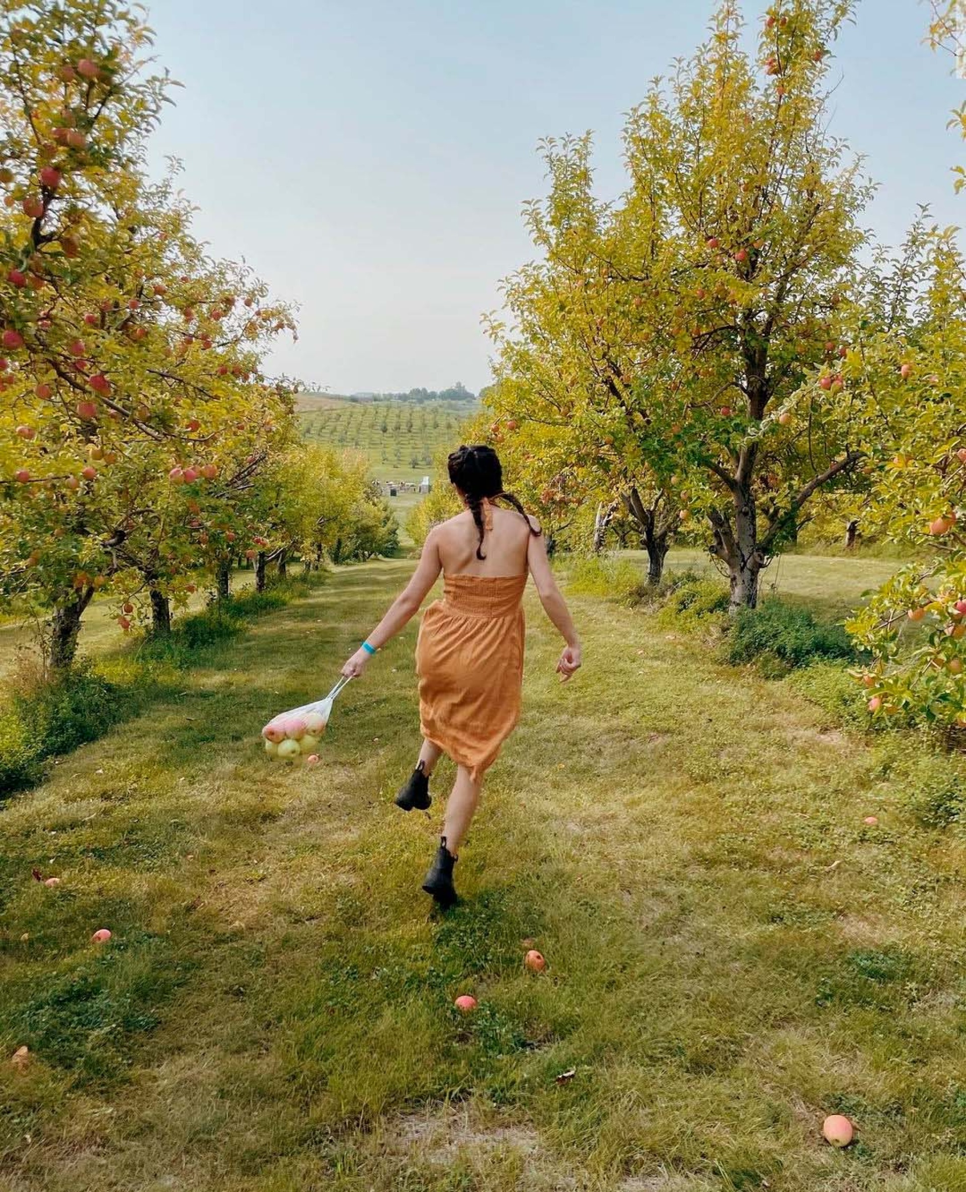 Woman dancing while picking apples