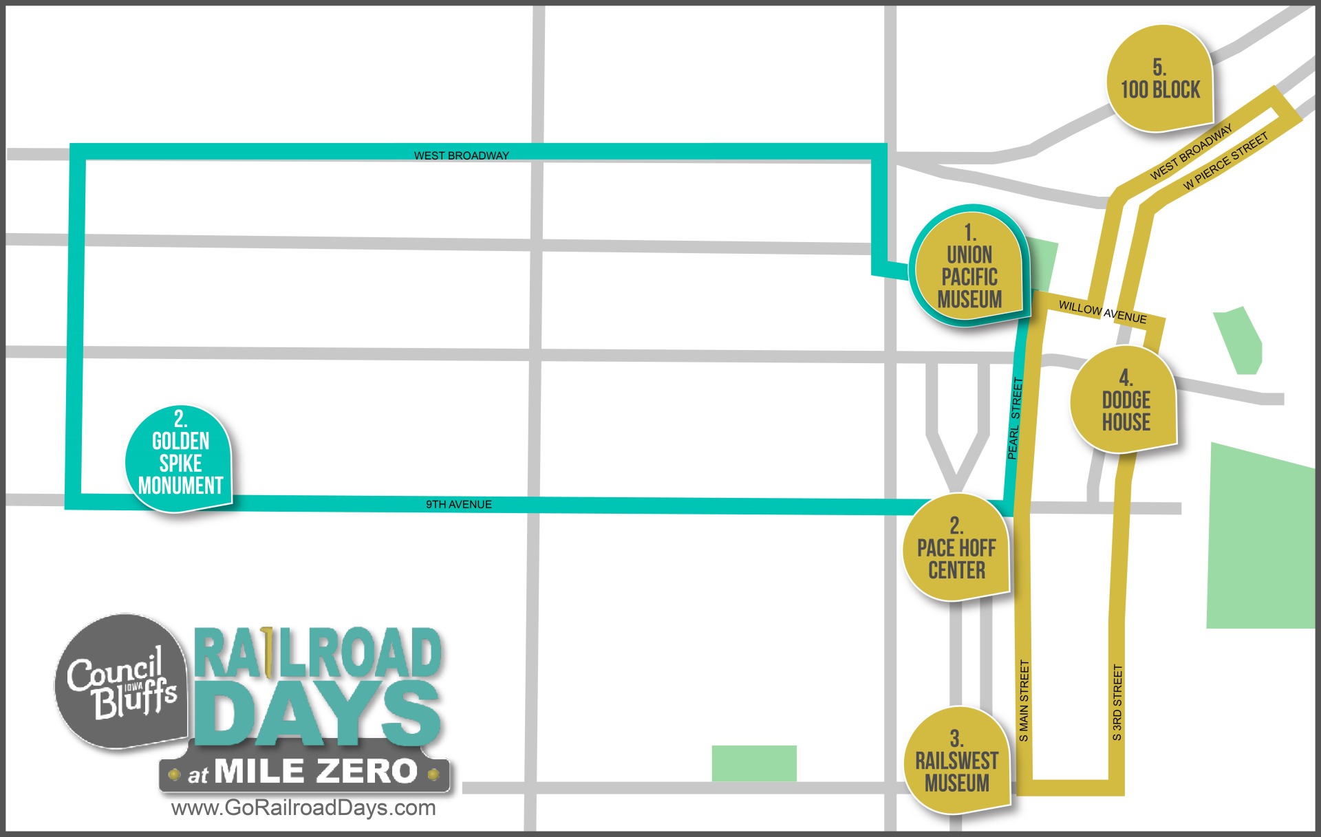 A graphic map showing the trolley route for Railroad Days